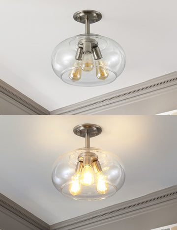 Lina 13.75" Modern Industrial Iron/Seeded Glass LED Semi Flush Mount - JONATHAN Y